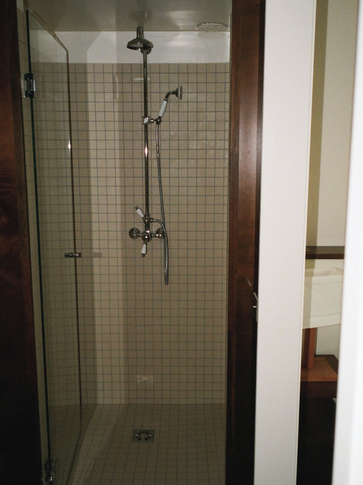A glass-enclosed shower with a handheld showerhead, a wall-mounted faucet, and a floor drain.