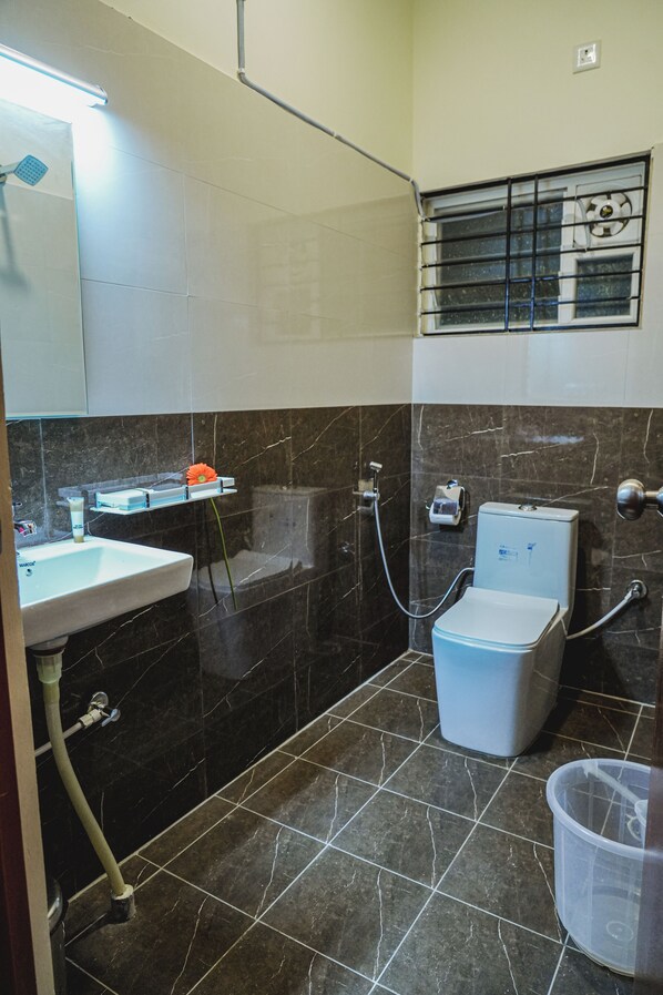 Un bagno con lavandino bianco, water e zona doccia.
