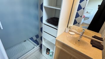 Shower, hair dryer, towels, soap