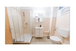 Douche, séchoir à cheveux, papier de toilette