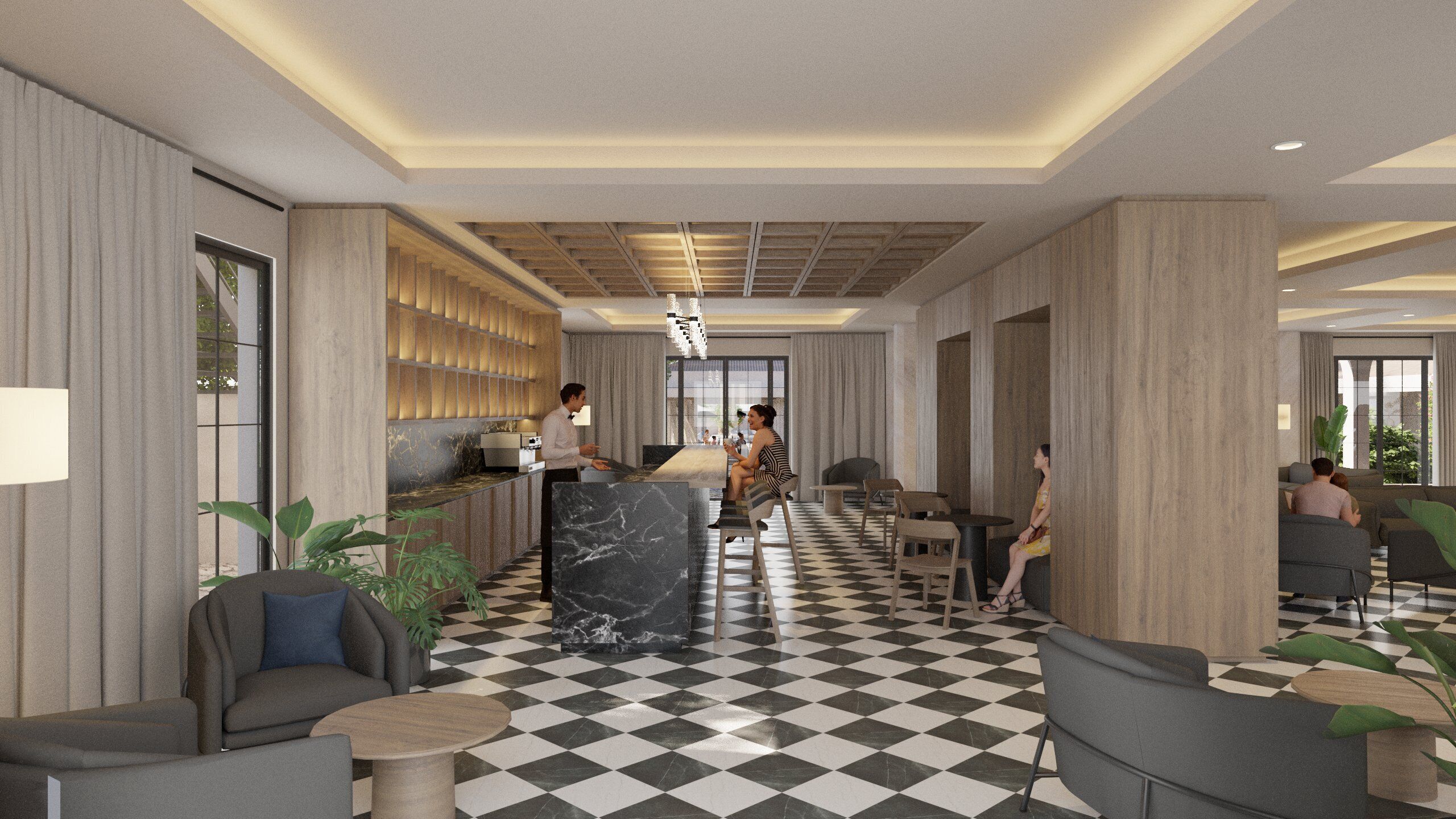 A lobby with a checkered floor, seating areas, a reception desk, and a bar.