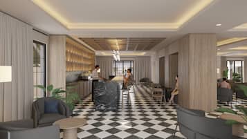 Een lobby met een geruit vloerkleed, zitgedeeltes, een receptiebalie en een bar.