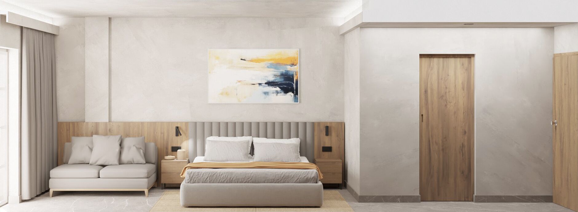 A modern bedroom with a bed, a sofa, a nightstand, and a wooden wardrobe.
