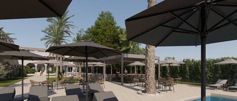 A poolside area with lounge chairs and umbrellas, surrounded by palm trees and a clear sky.