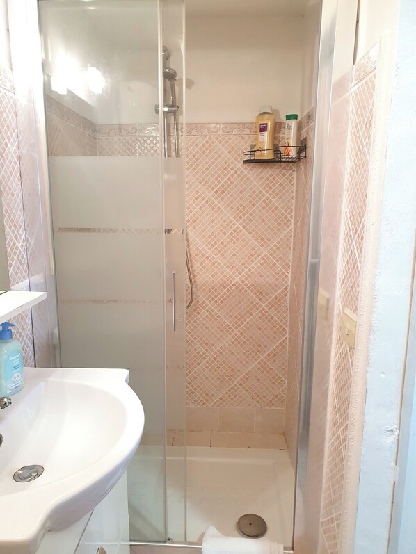 A bathroom with a glass-enclosed shower, a white sink, and a shelf with toiletries.