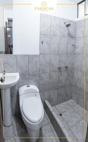 Shower, free toiletries, towels, soap