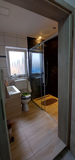 Douche, sèche-cheveux, serviettes fournies, papier toilette