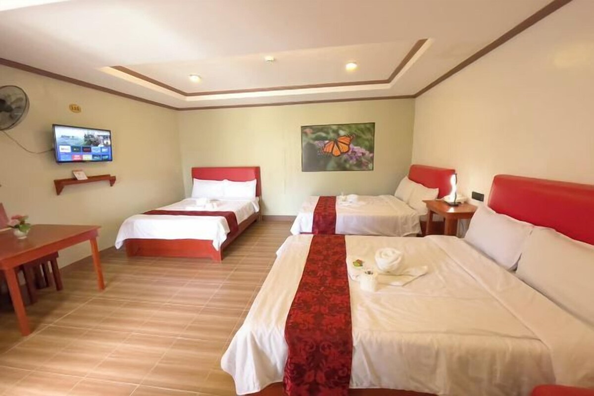 Habitación de hotel con dos camas, televisión, escritorio y un cuadro de una mariposa.
