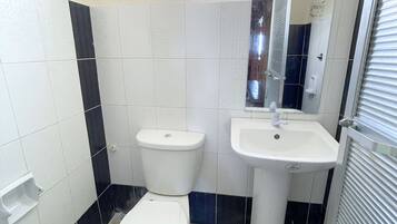 Un baño con inodoro, lavamanos y espejo.