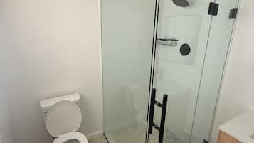 Chuveiro, secador de cabelo, toalhas de banho, sabonete