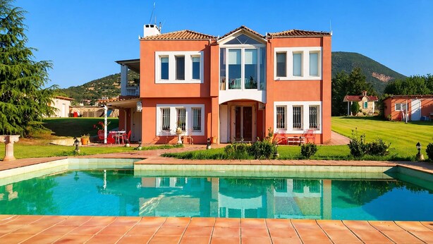 A two-story house with a swimming pool, a patio with outdoor furniture, and a mountainous backdrop. - Villa Avra - Private Garden Pool Oasis in Drama (Drama)