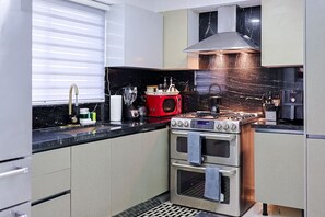 Fridge, oven, stovetop, coffee/tea maker