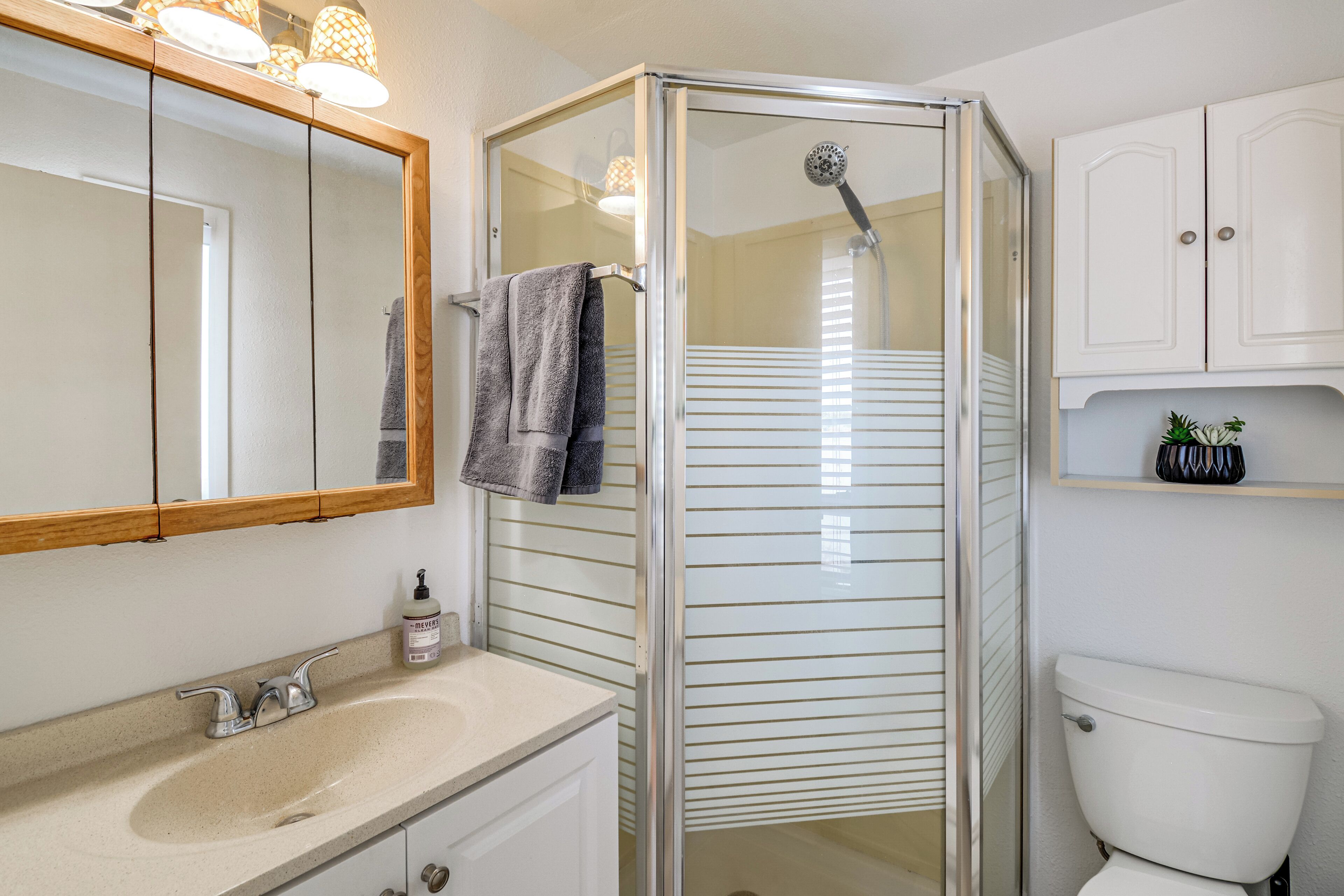 Une salle de bain avec une douche à parois de verre, un lavabo, des toilettes et un miroir avec éclairage intégré.