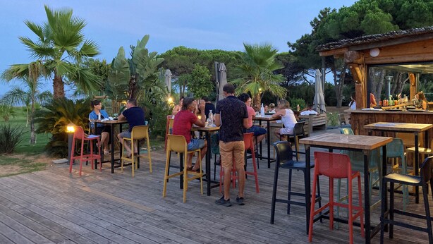 An outdoor dining area with wooden tables and chairs, surrounded by greenery and palm trees. - Apartment with terrace and direct access to pool & beach (Poggio-Mezzana)