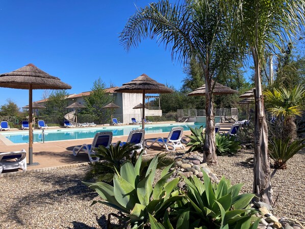A poolside area with lounge chairs, thatched umbrellas, and a clear blue sky.