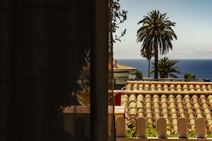 A coastal view with a palm tree and a building with a tiled roof.