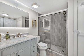 Shower, hair dryer, shampoo