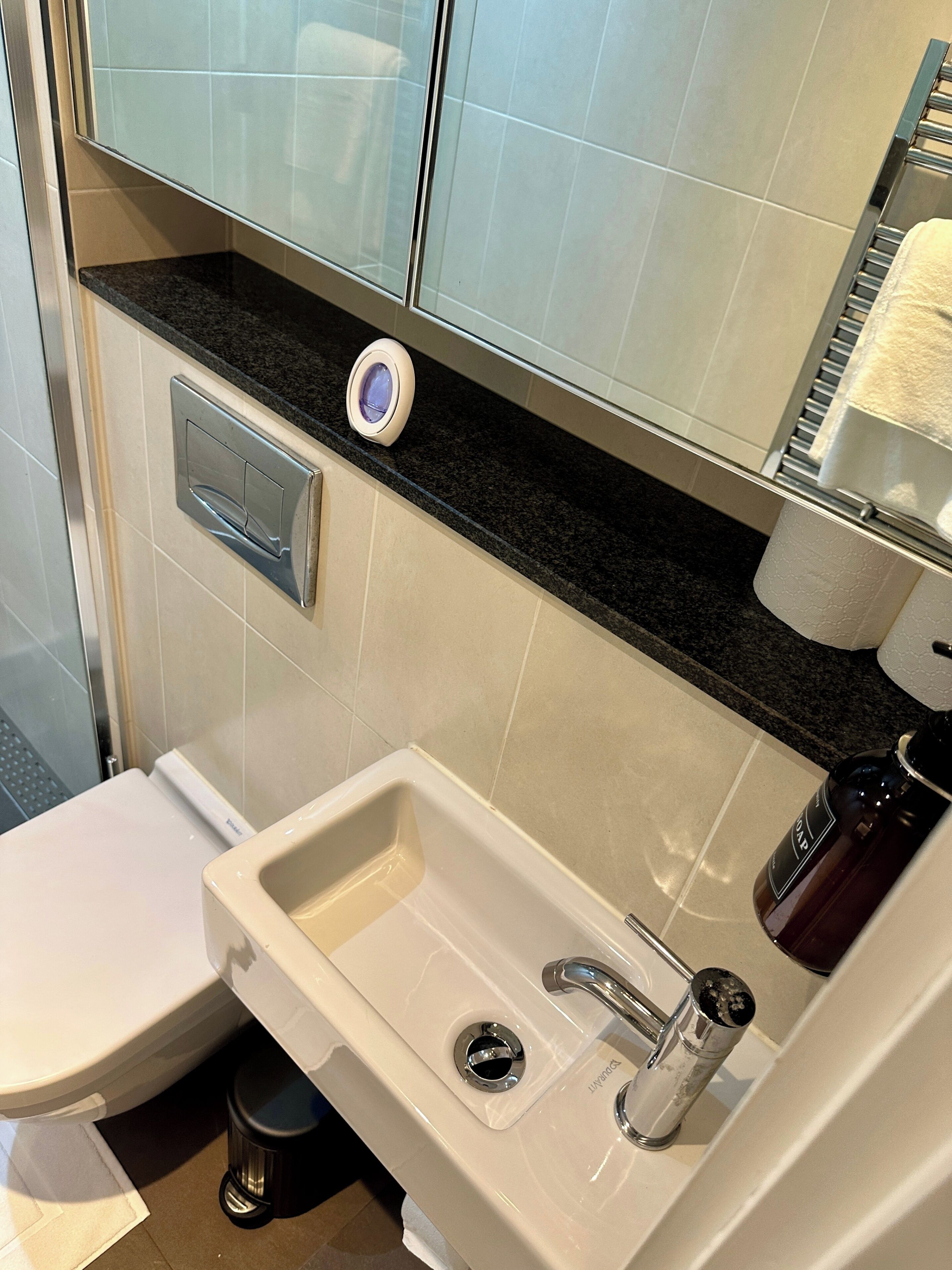 A bathroom with a toilet, sink, and mirror.