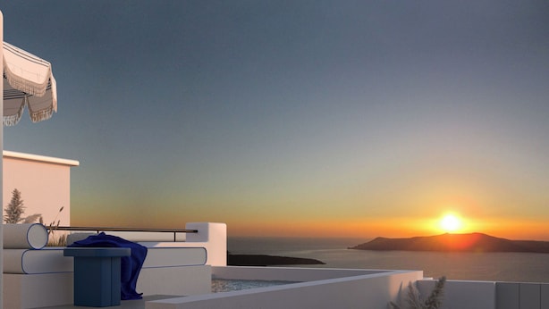 A modern outdoor terrace with a view of the sunset, featuring a white railing, a blue bench, and a small table. - You & Me Cove Imerovigli (Imerovigli)