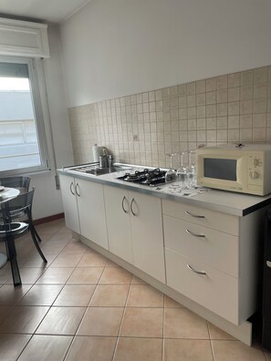 Een microgolfoven, een kookplaat, kookgerei, borden en bestek