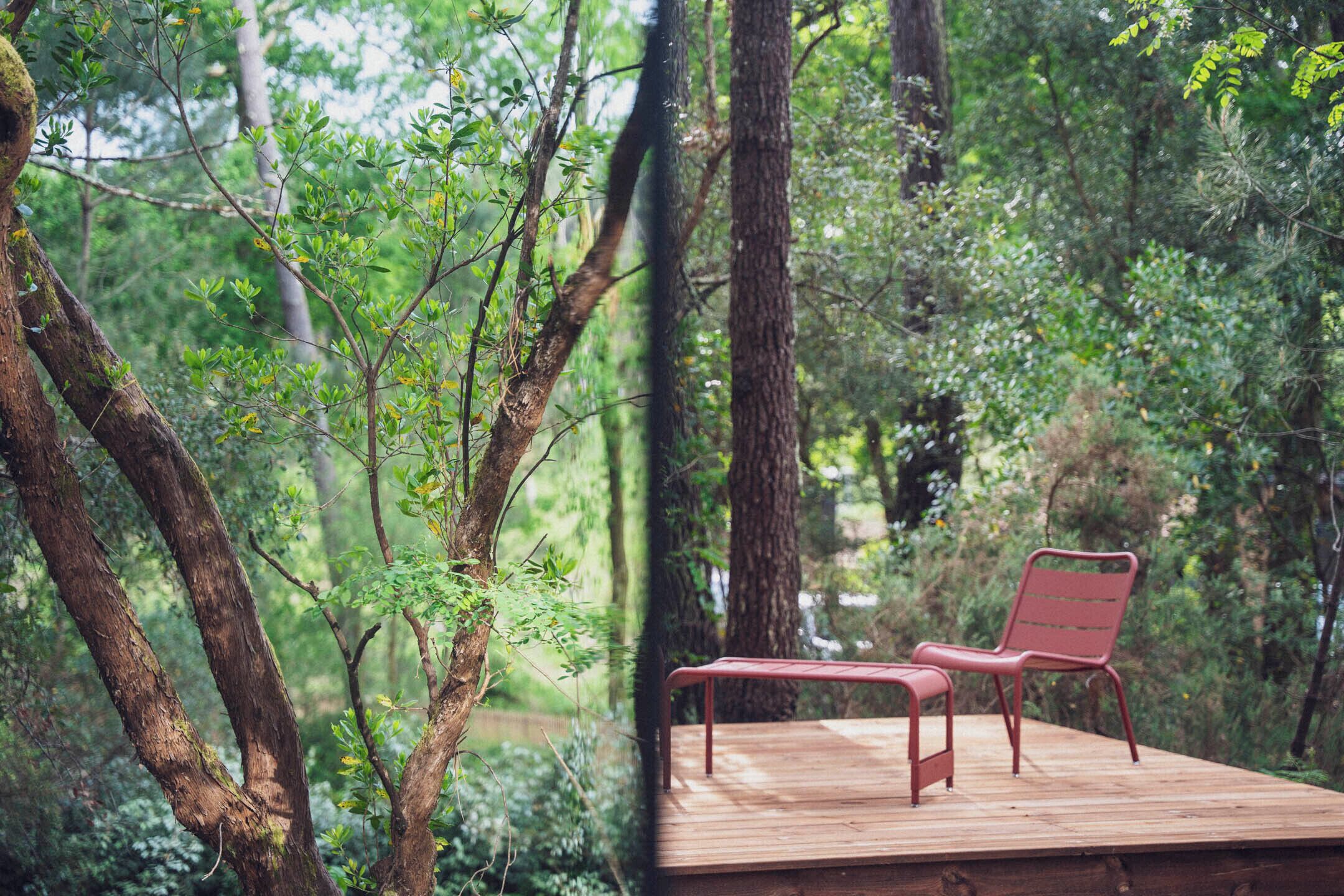 Una terraza de madera con dos sillas rojas en un área boscosa.
