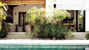 A poolside area with a clear view of the pool, steps leading to a covered porch, and a variety of tropical plants. - Private House! 2' to the beach, AC, Wi-Fi, Pool (Malpais)