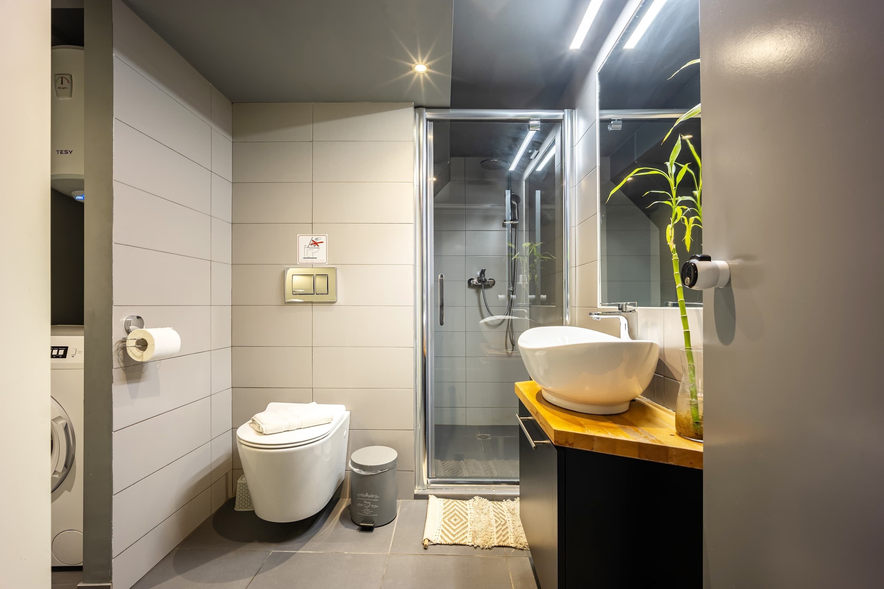 Shower, hair dryer, towels, shampoo
