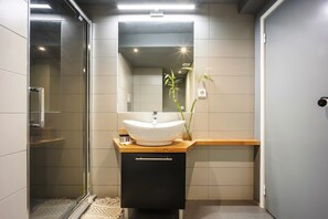 Dusche, Haartrockner, Handtücher, Shampoo