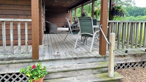 Une terrasse en bois avec des meubles d’extérieur, notamment une table et des chaises, ainsi qu’une plante en pot.