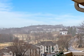 A residential area with houses, a road, and a distant view of a hill with buildings.