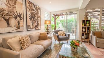 Luxury Villa, Private Pool, Sea View | Living area | 160-inch Smart TV with satellite channels, books, pay films