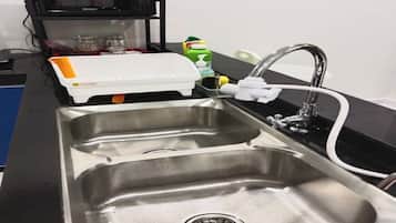 Fridge, microwave, stovetop, electric kettle