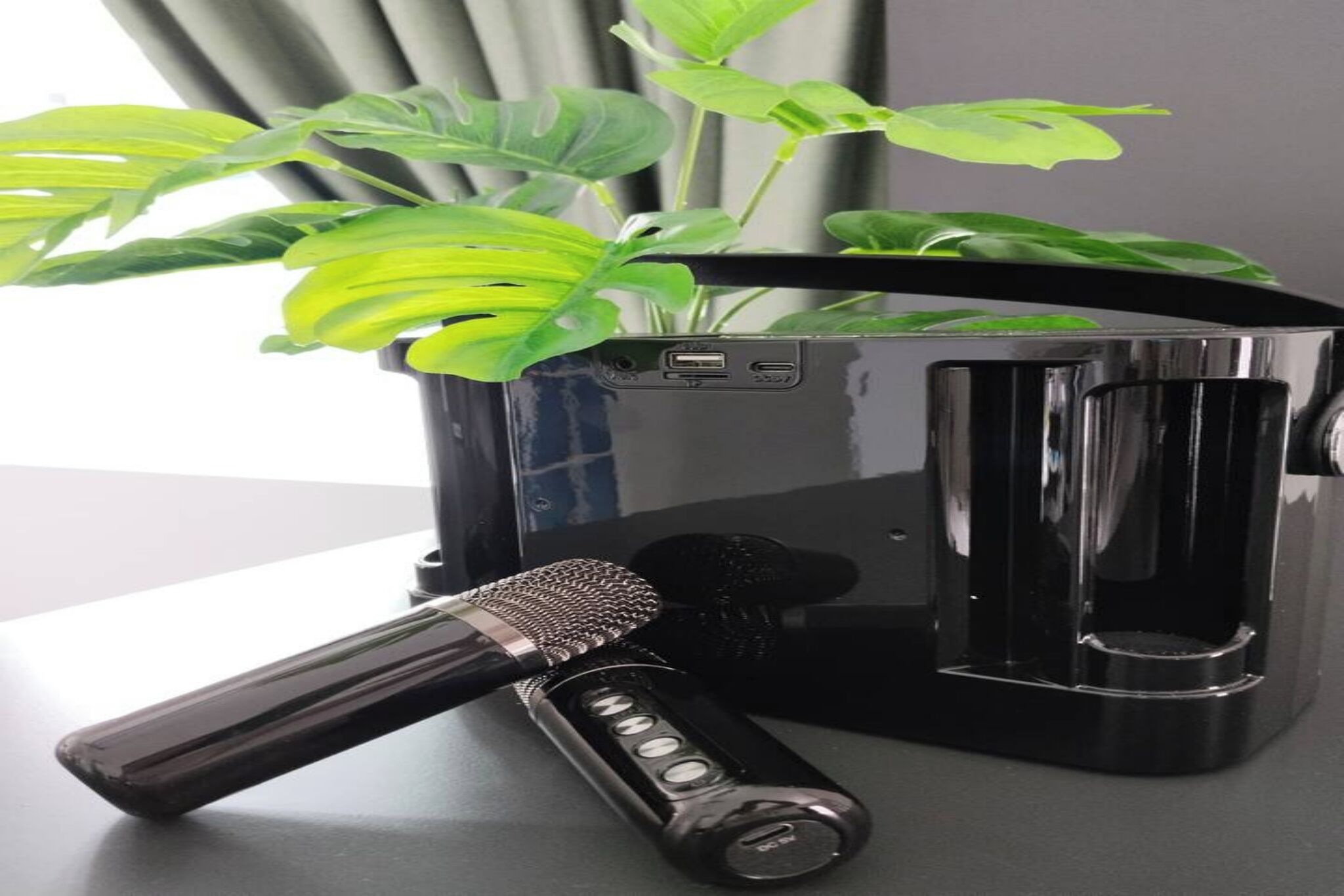 A black coffee maker, a microphone, and a green plant on a table.