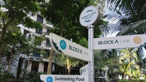 A directional signpost with multiple arrows pointing to various facilities including Block A, Block B, a Swimming Pool, and a Sports Complex. - Holiday Home@Forest City~TV Box~2BR1B 4-6pax 1807 (Gelang Patah)