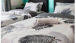 Un dormitorio con dos camas, una pared de acento color aguamarina y un reloj.