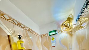 Une salle de bain comprenant des toilettes, une étagère avec des articles de toilette et un espace douche.