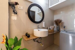 Shower, hair dryer, soap
