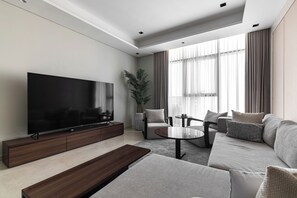 Superior Apartment, 3 Bedrooms, City View | Television - SIMPLY COMFORT Skyline Apts at Nobles Tower with Luxury Burj View (Dubai)