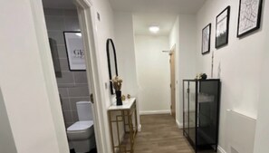 Hair dryer, towels, soap, toilet paper