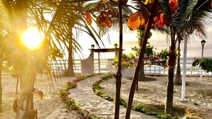 A sandy pathway with palm trees and a wooden pergola, leading to a beach area. - Beautiful Oceanfront Home in Zorritos - Just 2 Hours from Tumbes Airport (tumbes)