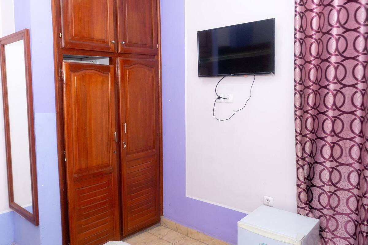 Desk, laptop workspace, blackout curtains, soundproofing