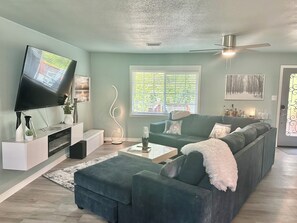 TV connectée, cheminée, livres