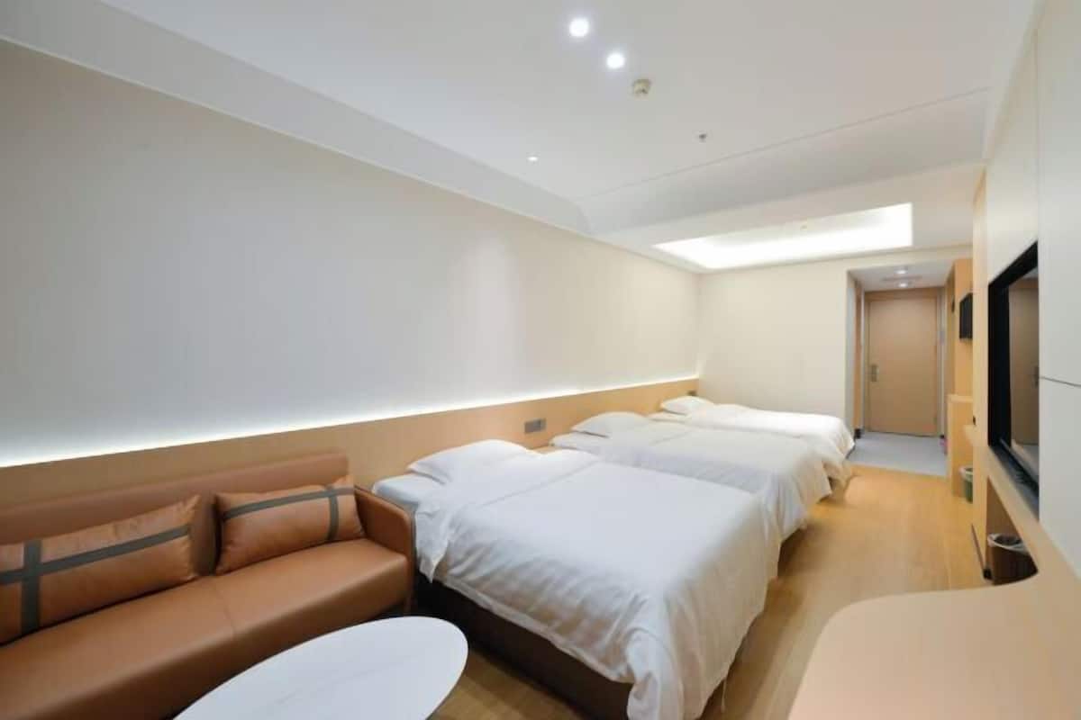 A modern hotel room with two beds, a sofa, a TV, and a ceiling light.