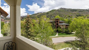 A residential area with a road, green trees, and a building with a green roof. - Terraces Condo w/ Stunning Views, Pool & Spa 1078 (Steamboat Springs)