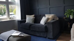 A modern living room with a dark blue accent wall, a grey sofa with cushions, a blue rug, and a side table with a plant. - The Cube hidden gem in the heart of ilfracombe , 2 minute walk to tunnels beach! (Ilfracombe)