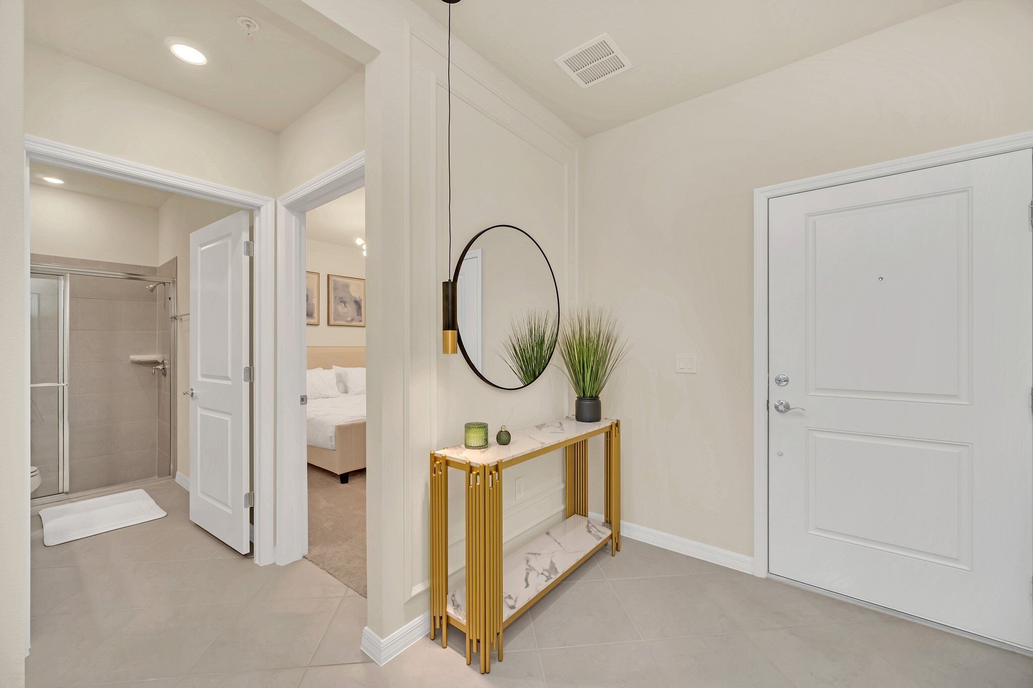 A hallway with a white door, a console table with a mirror, and a potted plant.