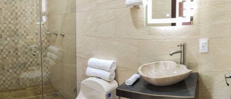 Une salle de bain avec une douche à parois de verre, des toilettes, un lavabo avec un grand bac et un miroir.