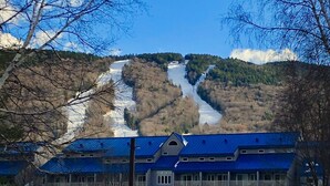Un hotel con techo azul, una pista de esquí al fondo y nieve en el suelo.