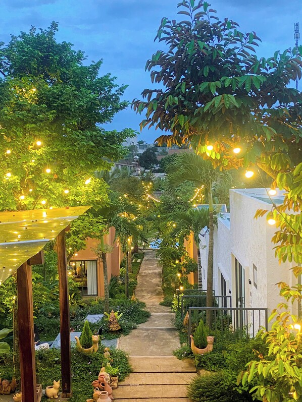 A pathway flanked by greenery and illuminated by string lights, leading to a building with a white facade.