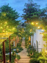A pathway flanked by greenery and illuminated by string lights, leading to a building with a white facade.